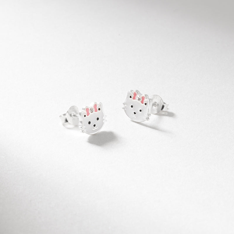 Silver white enamel cat pink enamel crystal bow stud earrings