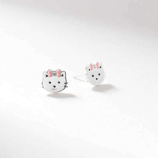 Silver white enamel cat pink enamel crystal bow stud earrings