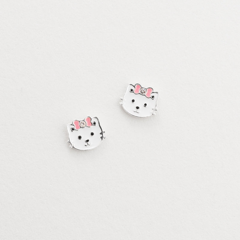 Silver white enamel cat pink enamel crystal bow stud earrings