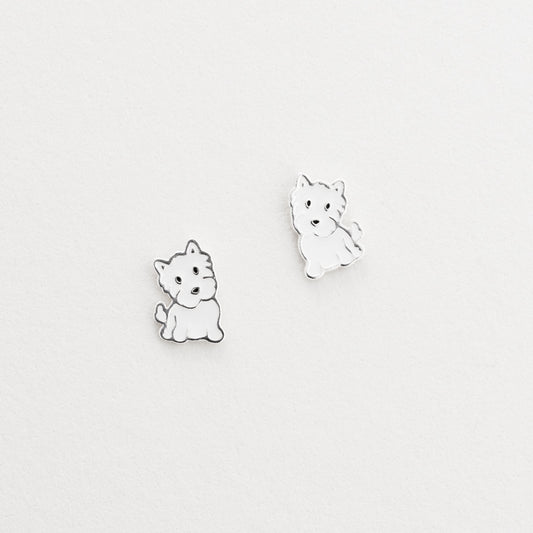 Silver white enamel dog stud earrings