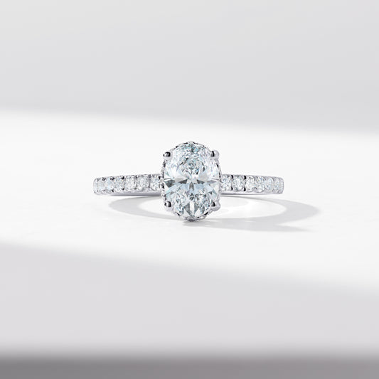 1.5ct Oval Lab Diamond Solitaire With Diamond Hidden Halo And Shoulders Engagement Ring 2.0tdw