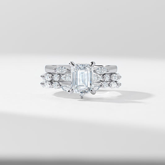 1.5ct Radiant Diamond Solitaire With Marquise And Round Brilliant Shoulder Contour And Open Gap Bridal Set 2.0tdw