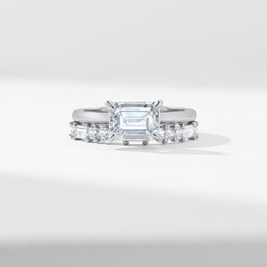 1.75ct East West Emerald Cut moissanite Solitaire With Baguette And Round Brilliant moissanite Bridal Set 2.40tdw