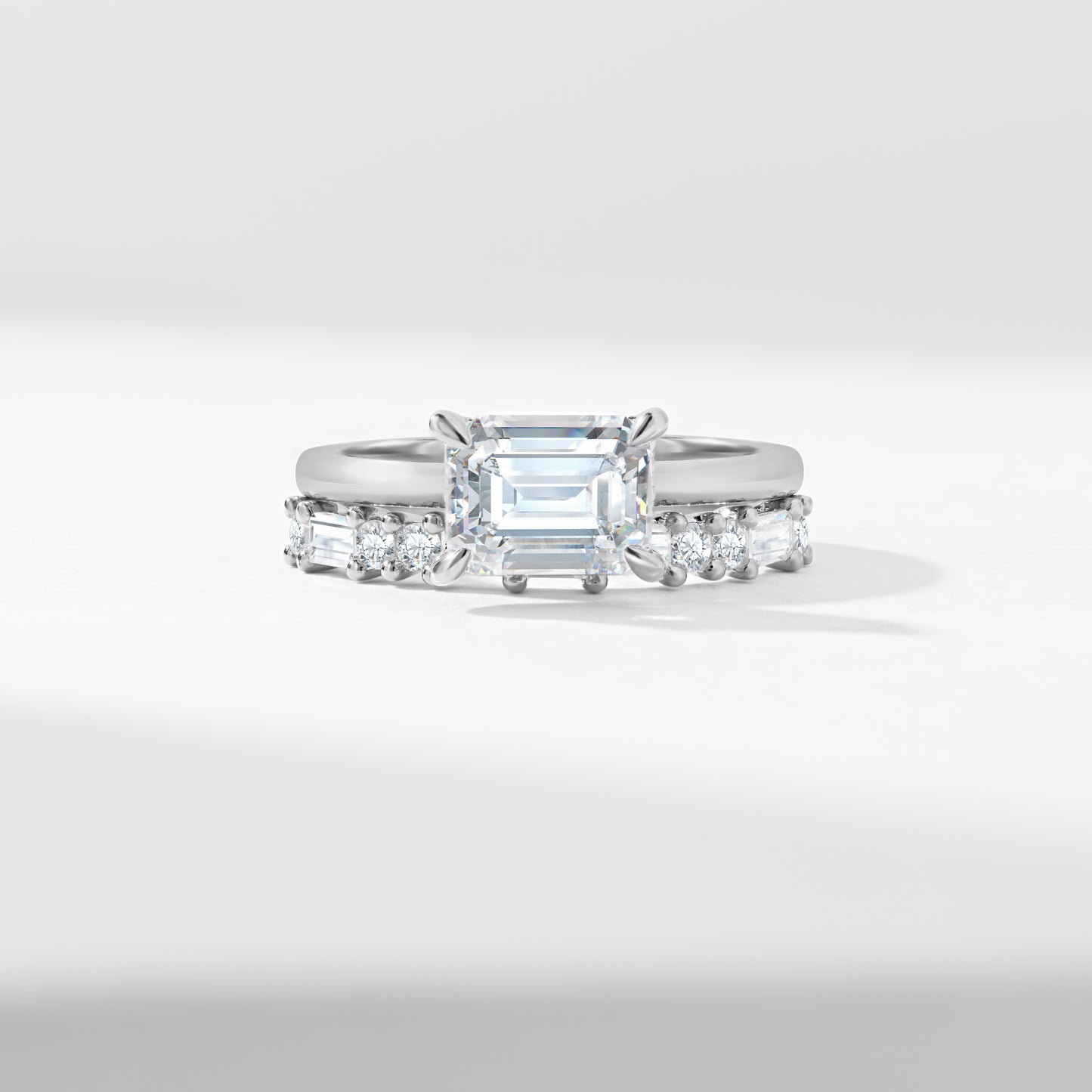 1.75ct East West Emerald Cut Diamond Solitaire With Baguette And Round Brilliant Diamond Bridal Set 2.40tdw