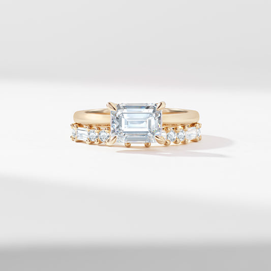 1.75ct East West Emerald Cut Lab Diamond Solitaire With Baguette And Round Brilliant Diamond Bridal Set 2.40tdw