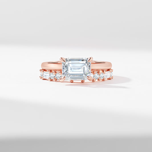 1.75ct East West Emerald Cut Diamond Solitaire With Baguette And Round Brilliant Diamond Bridal Set 2.40tdw