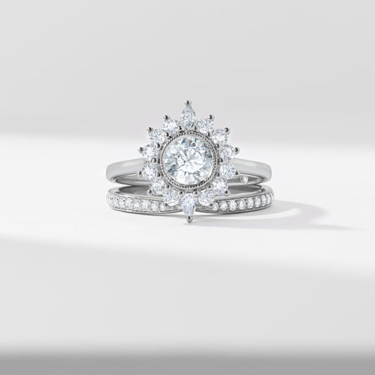 0.75ct Round Brilliant Diamond Milgrain Bezel Centre With Fancy Halo Bridal Set 1.60tdw