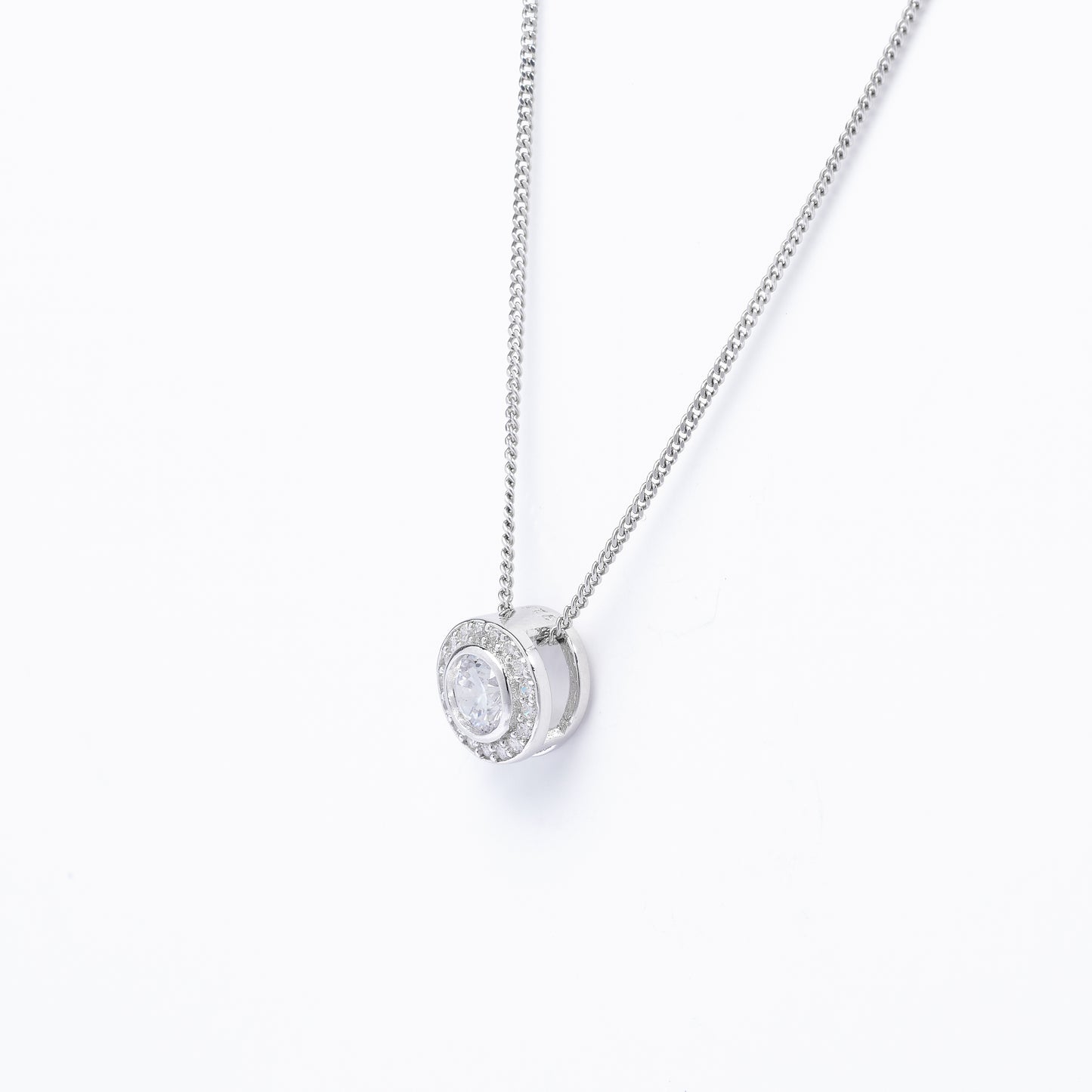 Sterling Silver Bezel Zirconia Halo Slider Pendant