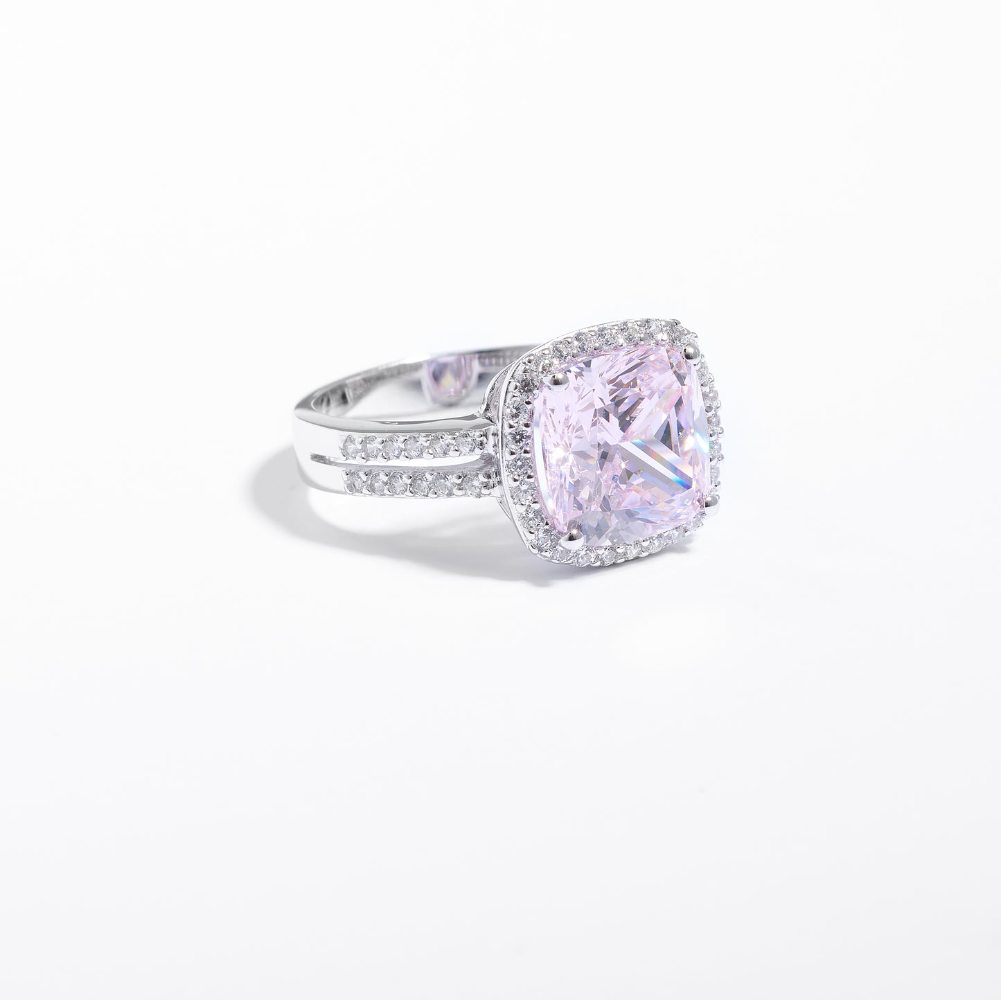 Sterling Silver Pink Zirconia Cushion Split Shank Ring