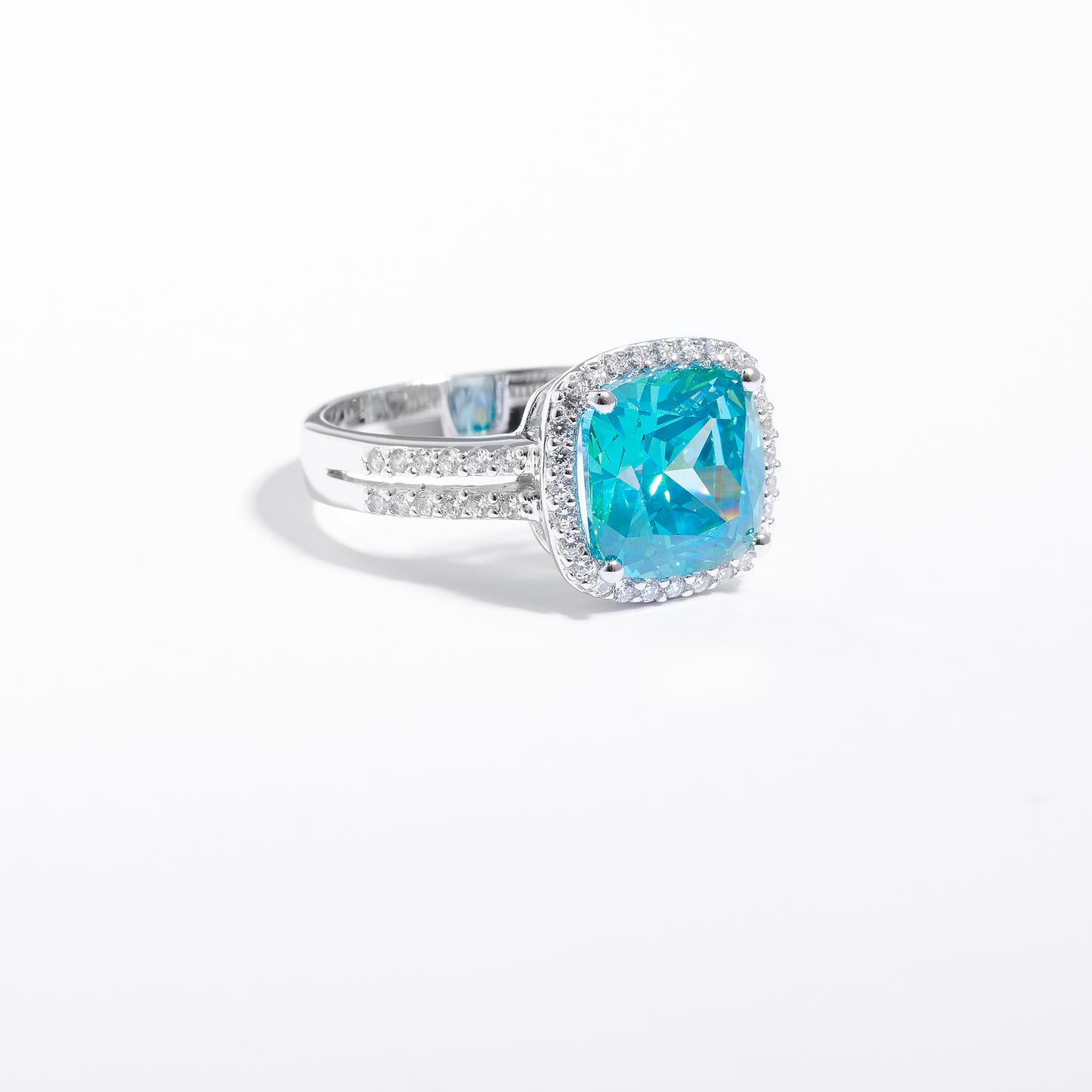 Sterling Silver Aqua Zirconia Cushion Split Shank Ring