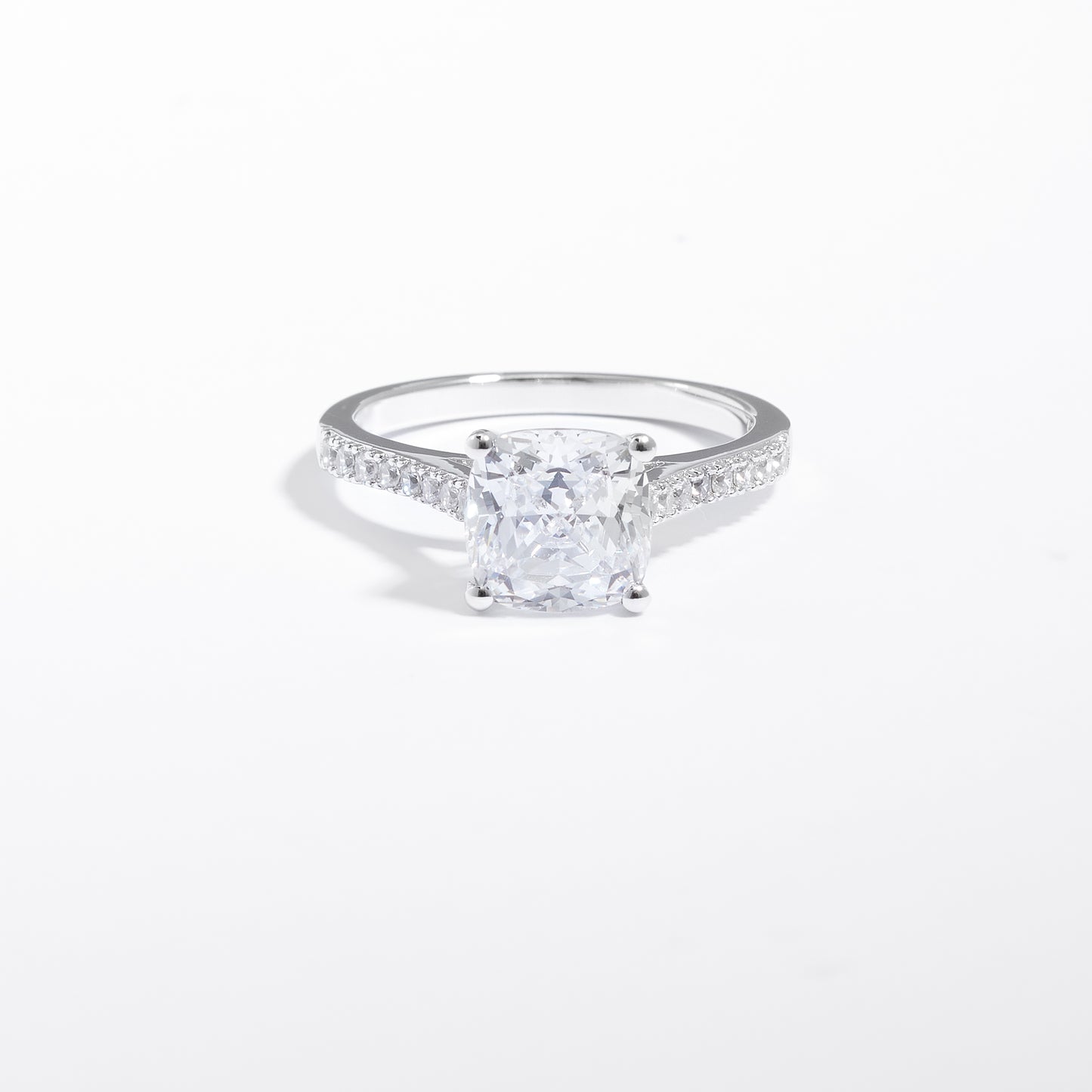 Sterling Silver Zirconia Cushion Solitaire And Shoulders Ring