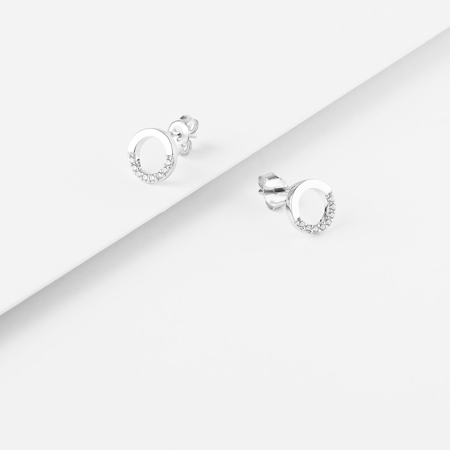 Sterling Silver Circle Half Zirconia Stud Earrings