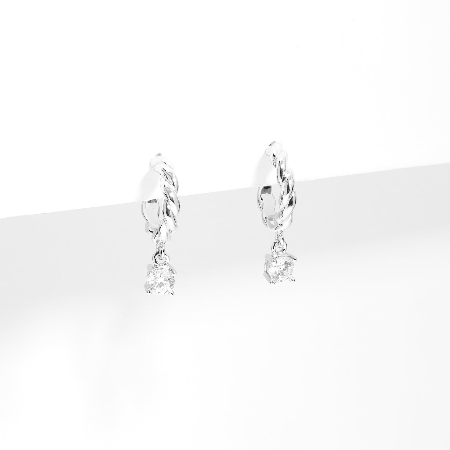 Sterling Silver Twist Hoop Earrings With Zirconia Drop