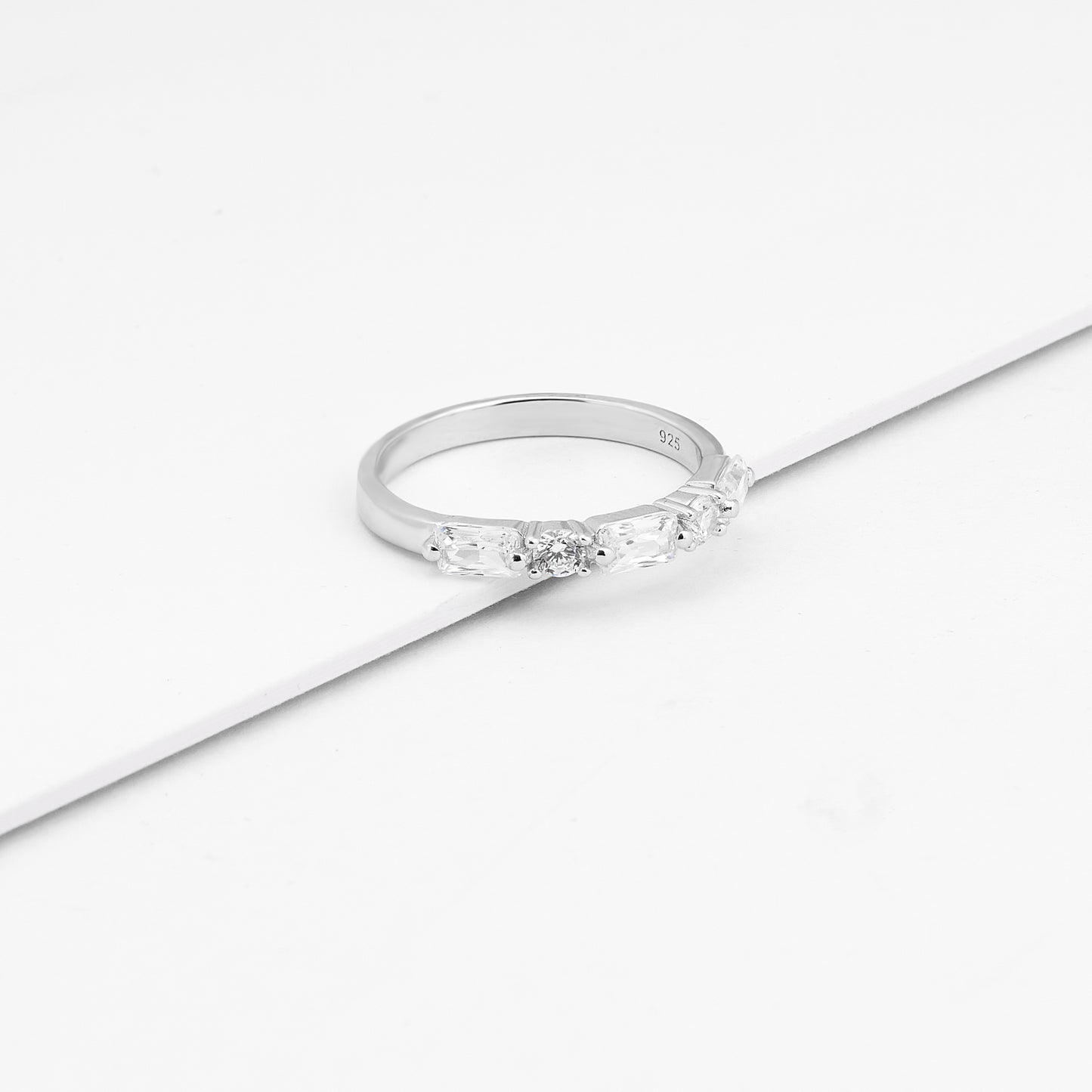 Sterling Silver Round And Baguette Zirconia Ring