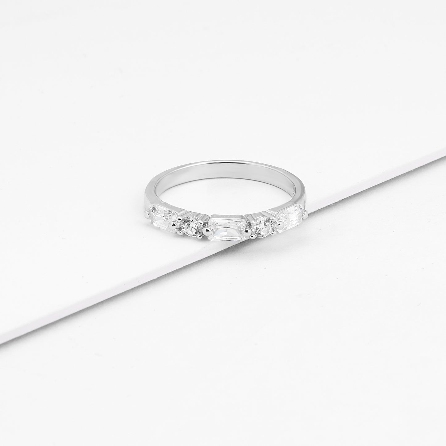 Sterling Silver Round And Baguette Zirconia Ring