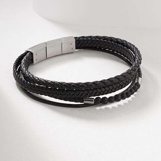 Stainless Steel And Black Leather Multi Row Bracelet