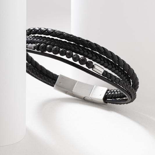 Stainless Steel And Black Leather Multi Row Bracelet