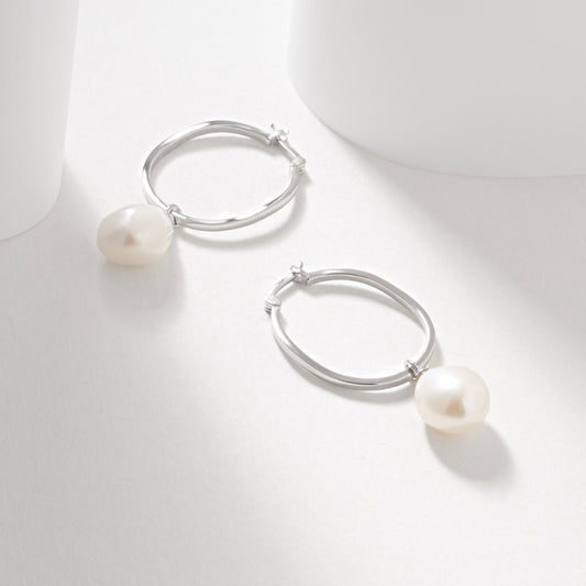 Silver Oval Hoops with 11mm Keshi Freshwater pearl Drops