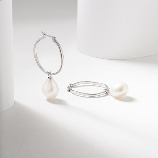 Silver Oval Hoops with 11mm Keshi Freshwater pearl Drops