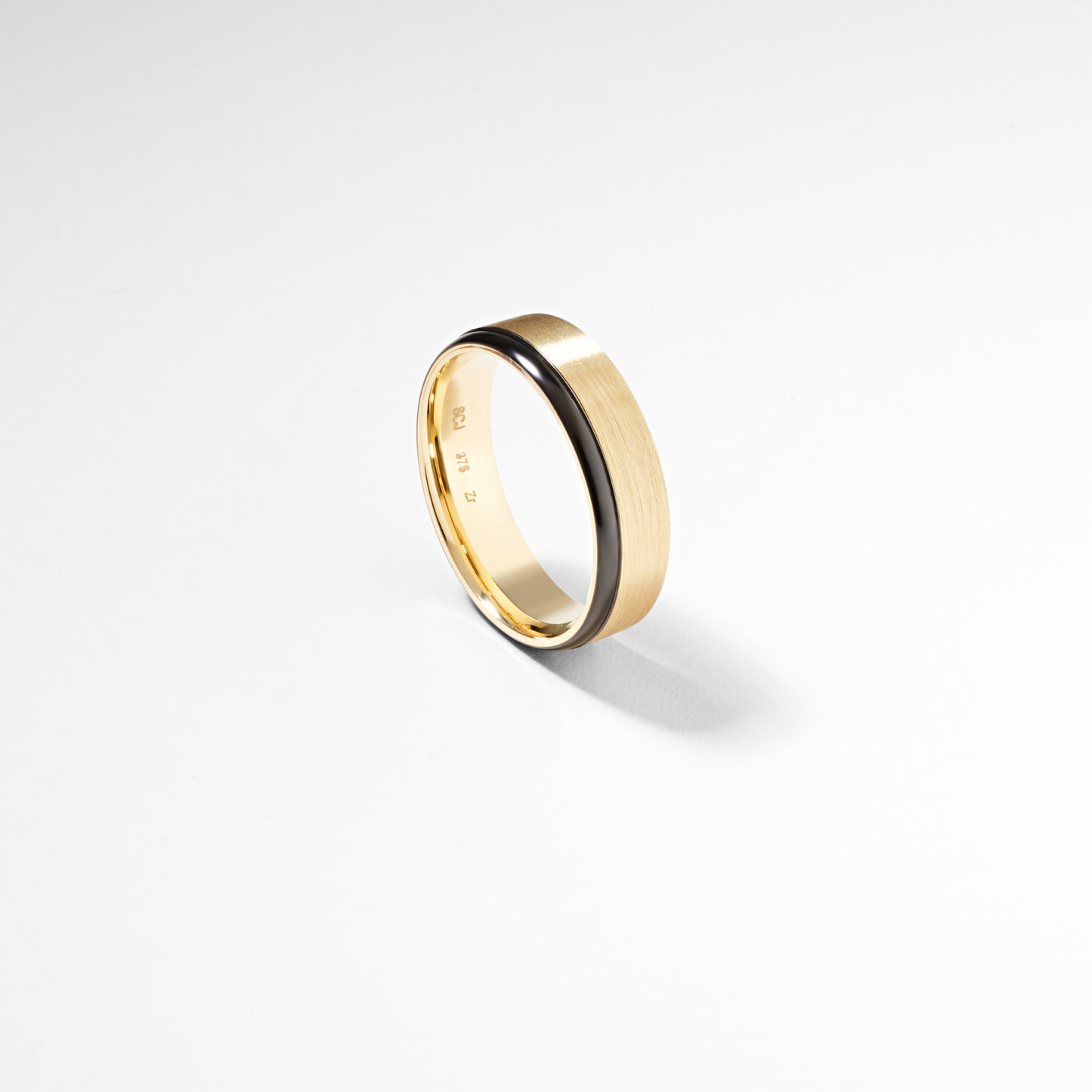 9K Yellow Gold Brushed Finish With Single Black Zirconium Edge Band Ring 6mm