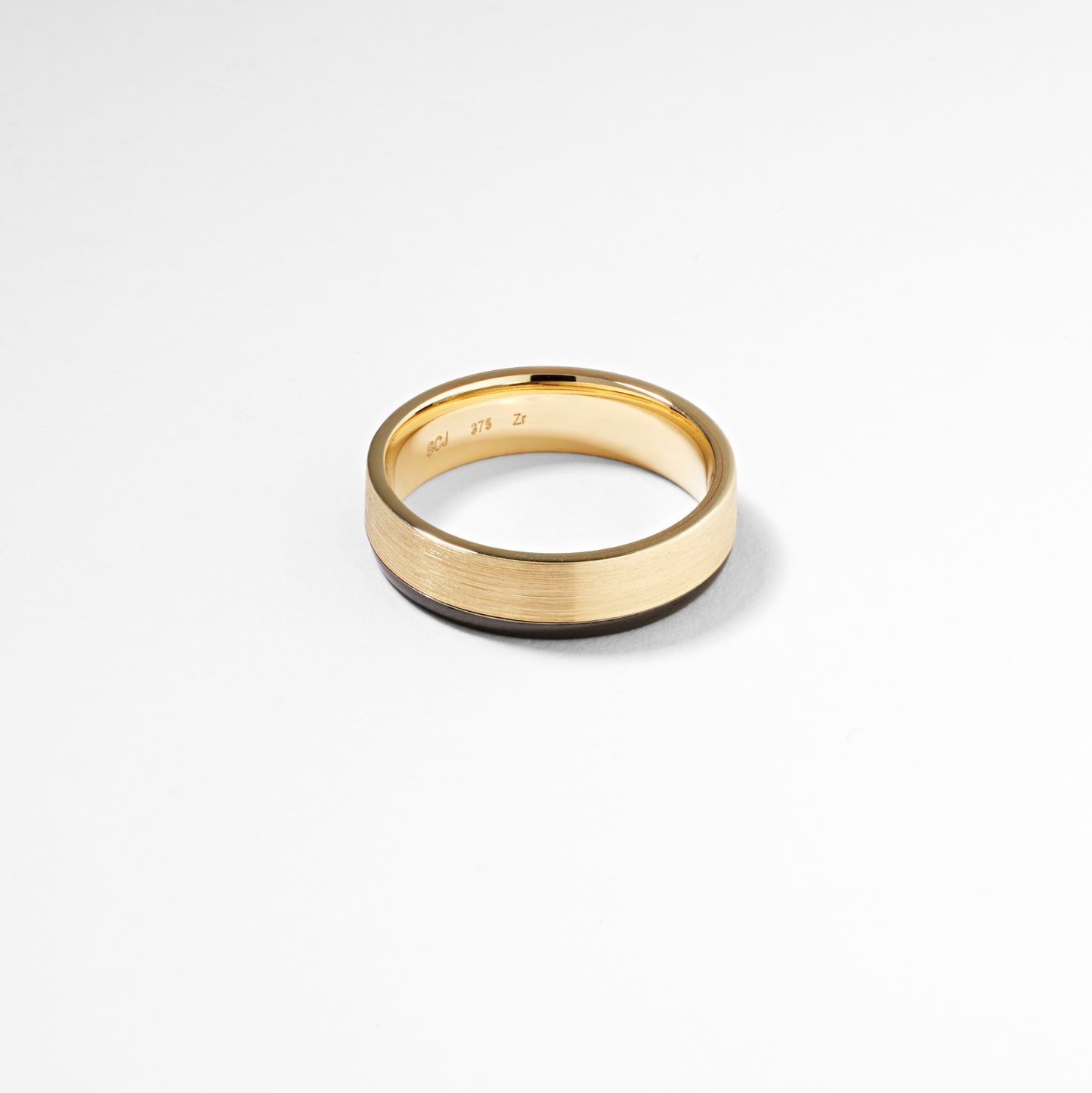 9K Yellow Gold Brushed Finish With Single Black Zirconium Edge Band Ring 6mm