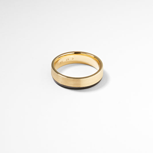 9K Yellow Gold Brushed Finish With Single Black Zirconium Edge Band Ring 6mm