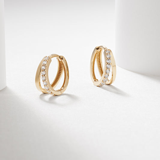 9K Yellow Gold Zirconia Double Row Huggie Earrings