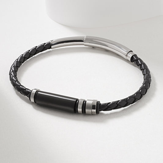 Black Leather Braided Bracelet With Stainless Steel Beads And Adjustable Clasp