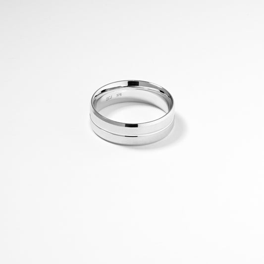 9K White Gold Polished Centre Groove And Bevel Edges Band with Brushed Finish 7mm