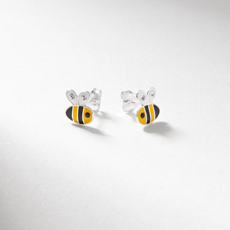 Silver enamel & crystal bee stud earrings