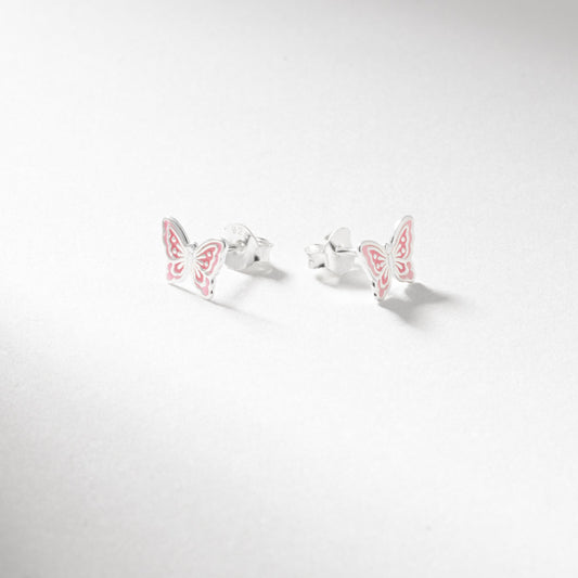 Silver pink enamel butterfly stud earrings