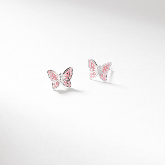 Silver pink enamel butterfly stud earrings