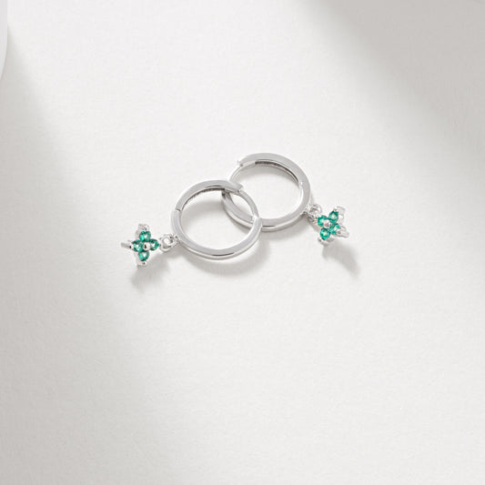 Silver Huggie Earrings with Created Emerald Flower Drops