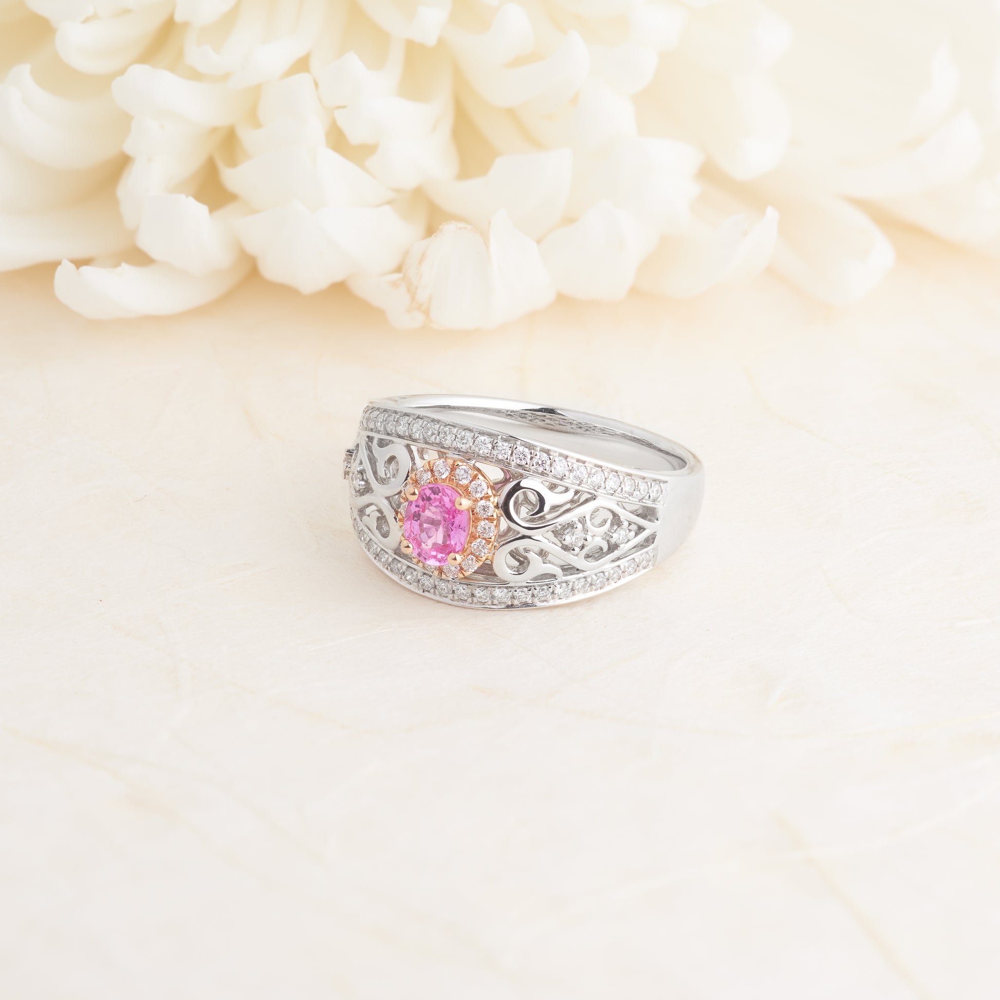 Pear Shaped Two Row Channel Moissanite Ring With Pink Sapphire In 18K  Yellow Gold