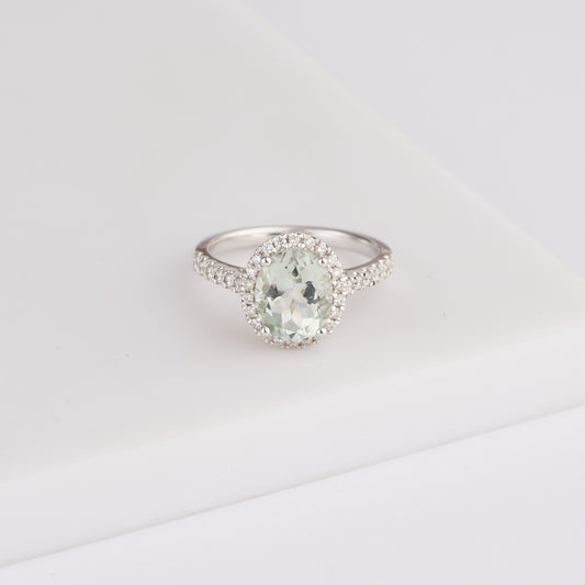 9K White Gold Oval Green Amethyst Diamond Halo Cocktail Ring 0.36tdw