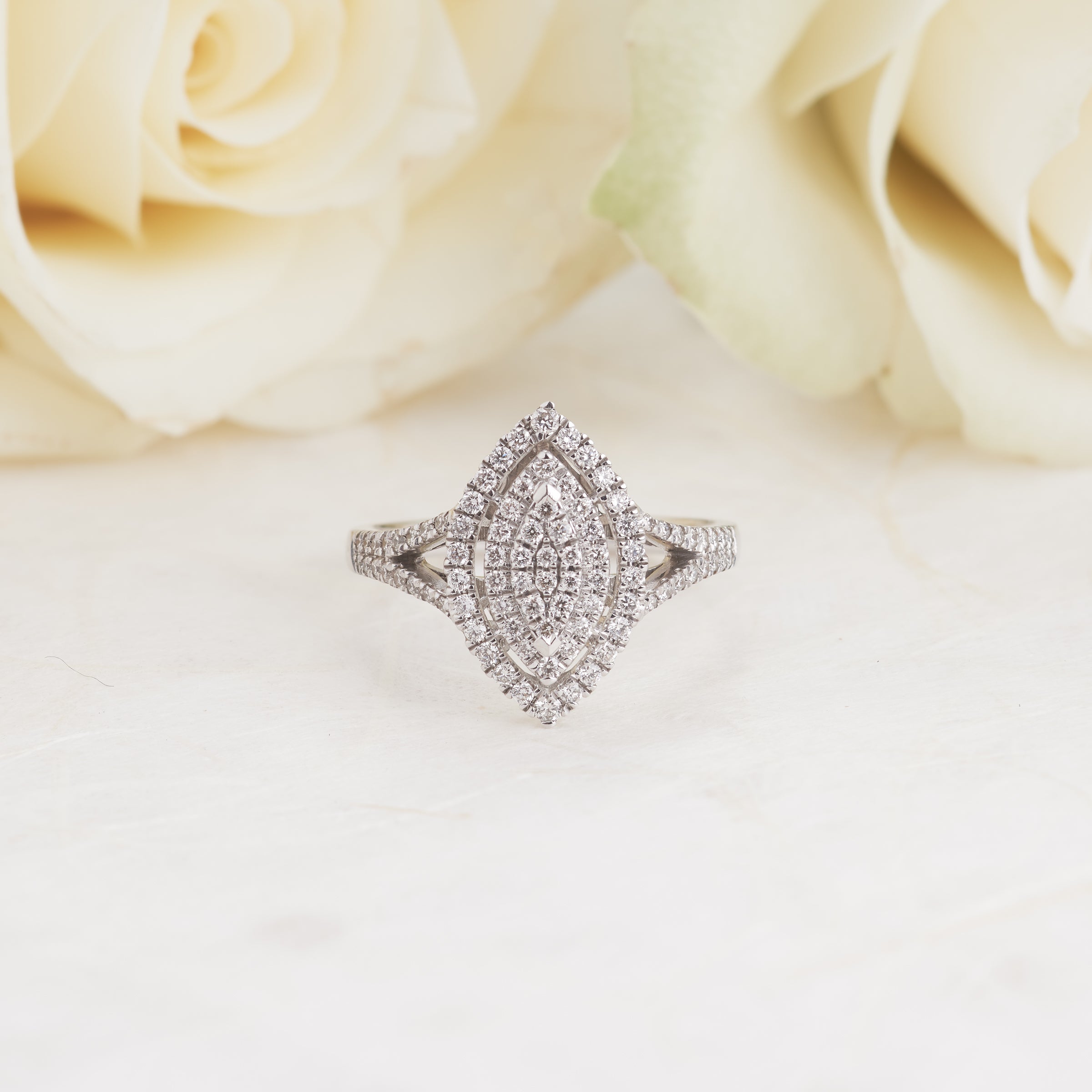 Double halo online marquise ring