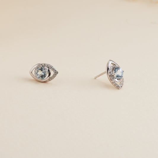 9K White Gold Aquamarine and Diamond Stud Earrings 0.15tdw