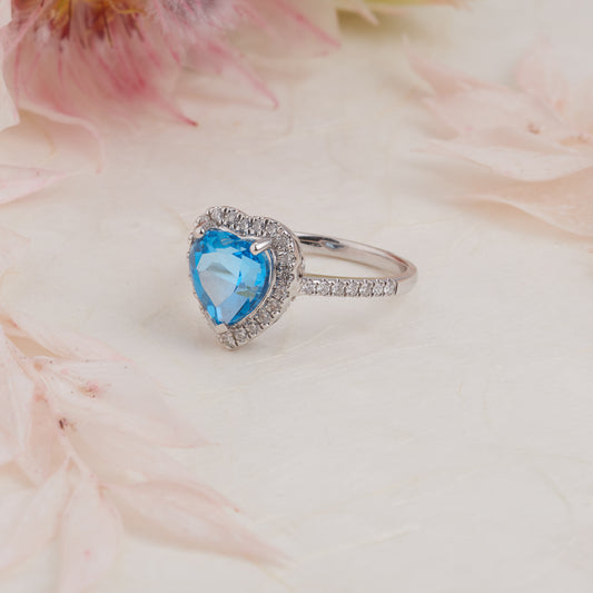 18K White Gold Heart Blue Topaz Diamond Halo Ring 0.33tdw