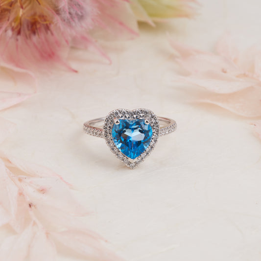 18K White Gold Heart Blue Topaz Diamond Halo Ring 0.33tdw