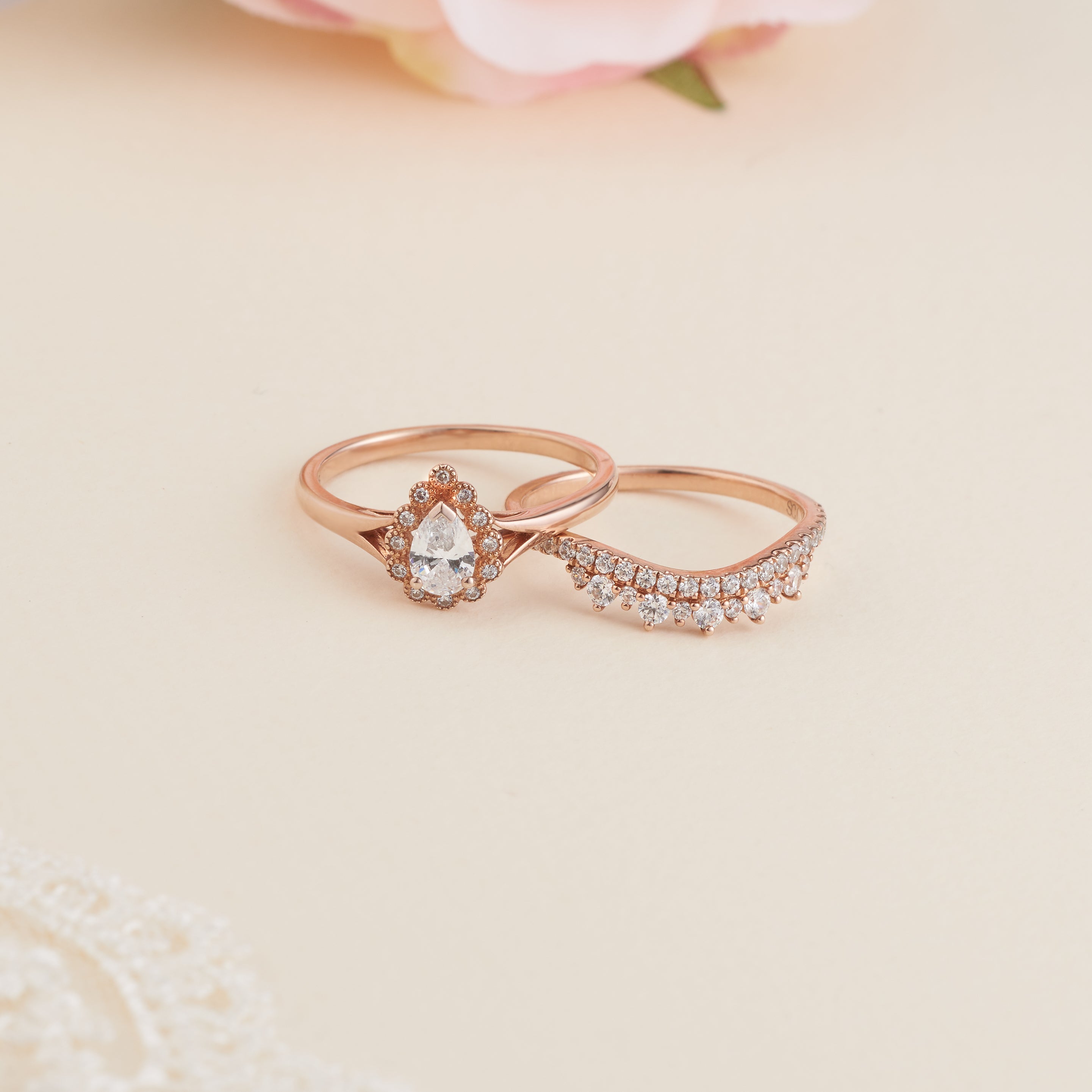 Rose gold pear shaped store wedding set