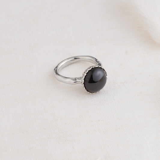 Sterling Silver Black Onyx Cabochon Filigree Ring