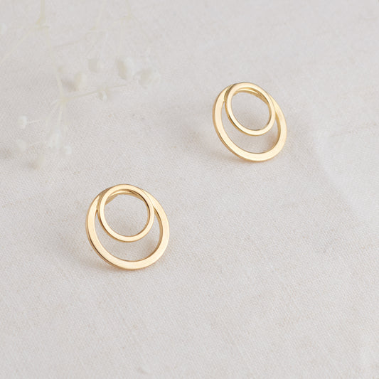 9K Yellow Gold Double Circle Stud Earrings