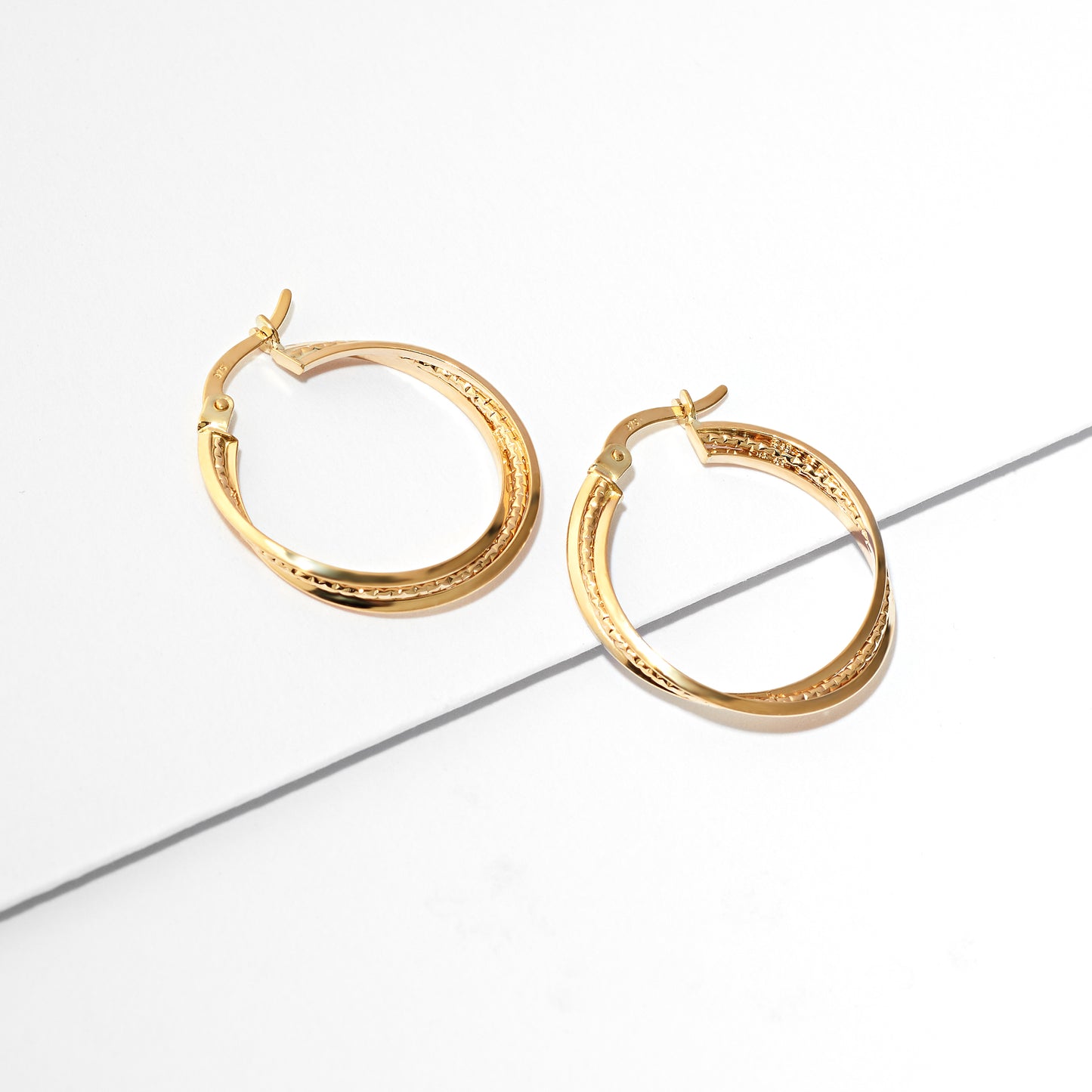 9K Yellow Gold Crossover Hoop Earrings 20mm