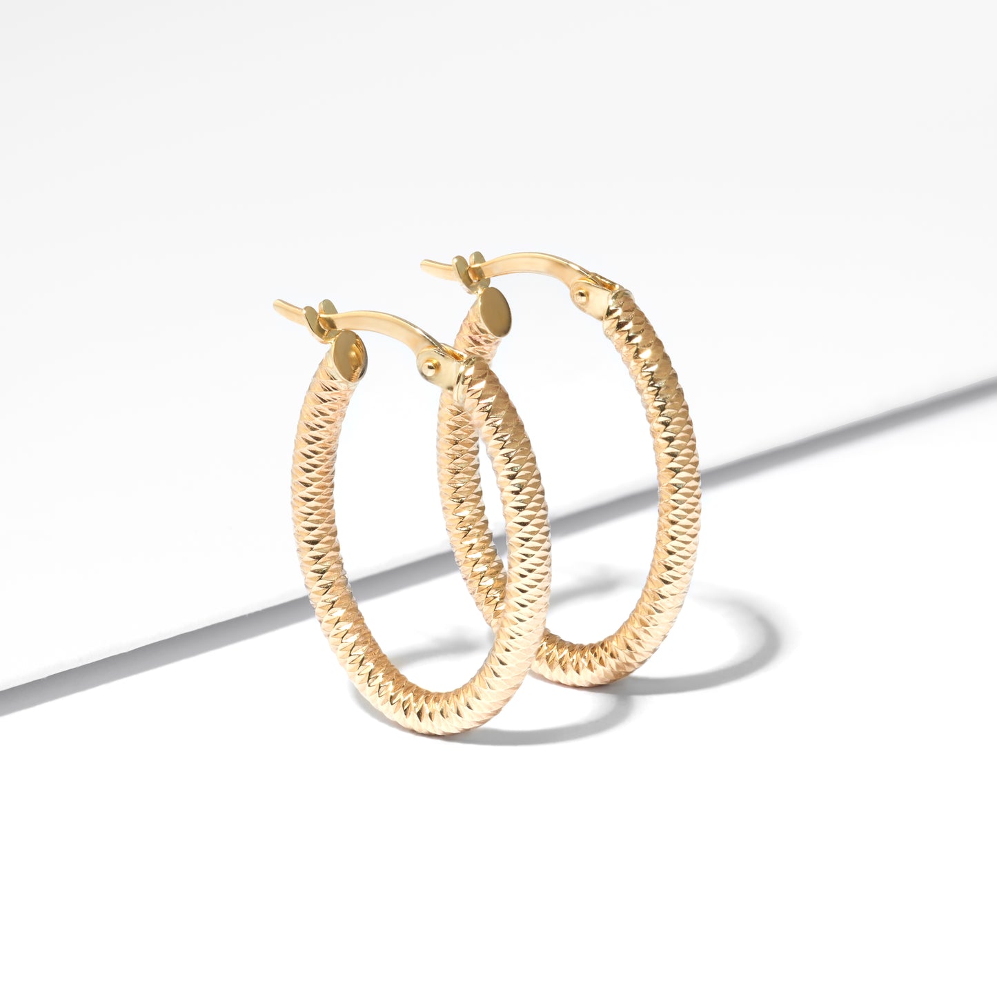 9K Yellow Gold Patterned Oval Hoop Earrings 20mm