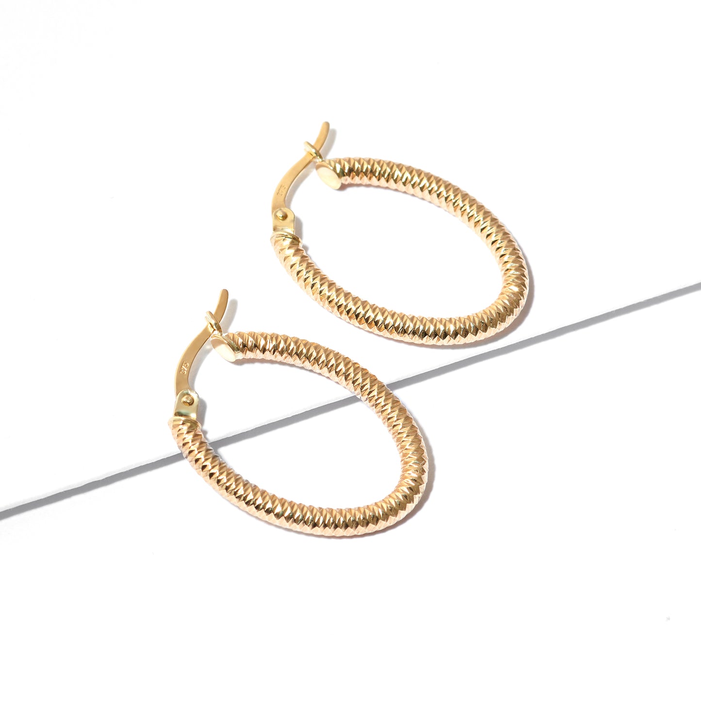 9K Yellow Gold Patterned Oval Hoop Earrings 20mm