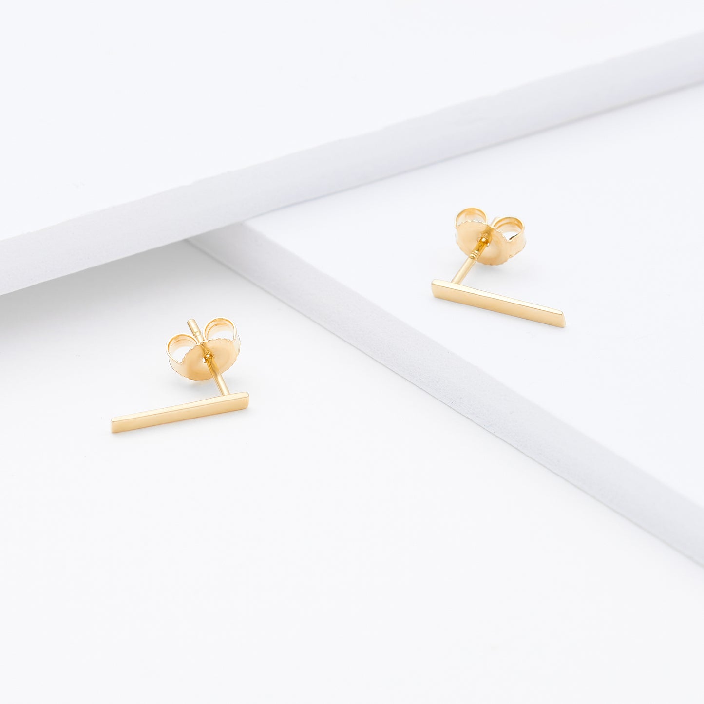 9K Yellow Gold Long Bar Stud Earrings 11mm