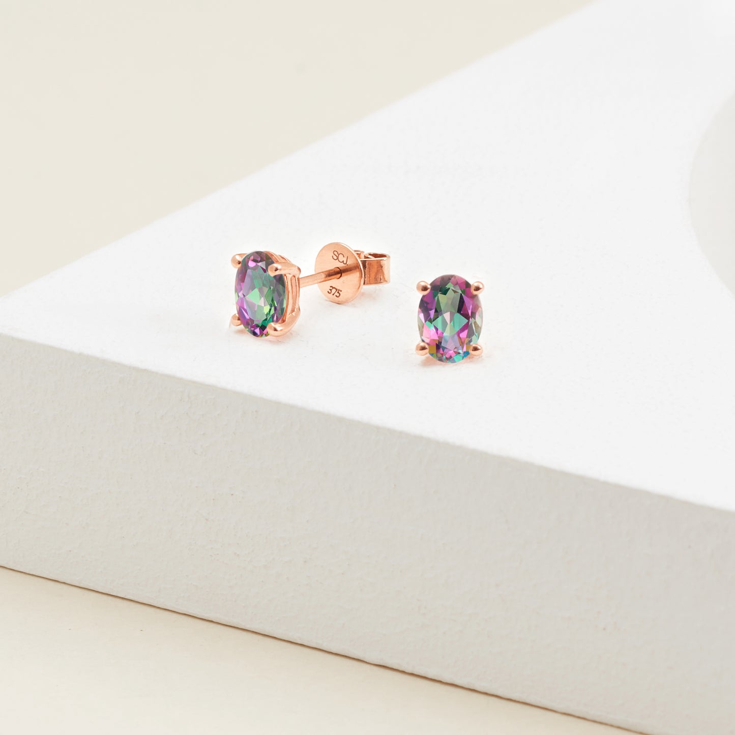 9K Rose Gold Oval Mystic Topaz Stud Earrings